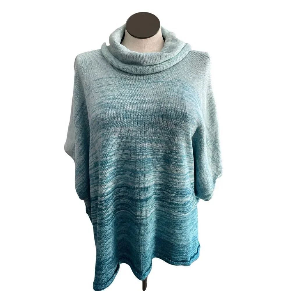 Chico’s Womens Blue Ombré Cowlneck Poncho OS Shimmer Woven Knit Transition Piece